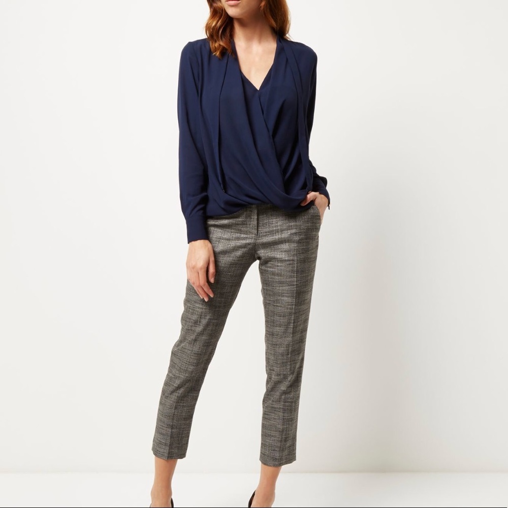 Navy blue textured wrap long sleeve blouse